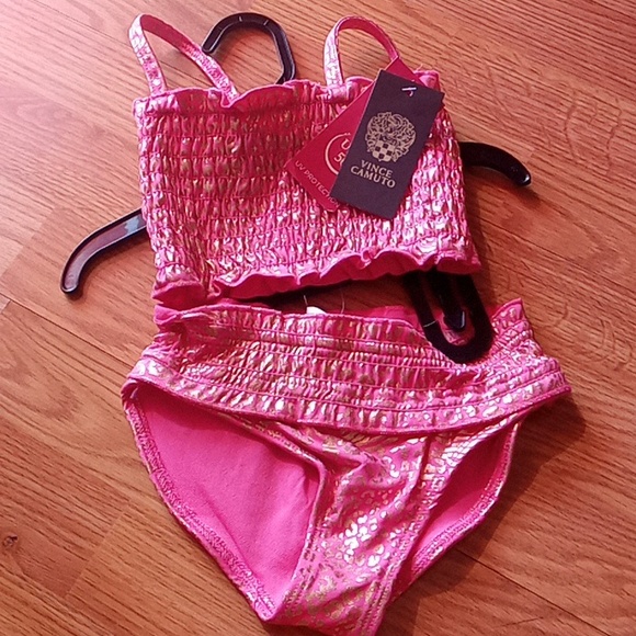 *FINAL MARKDOWN NWT Vince Camuto  girls 2 piece swimsuit, pink gold sparkle sz 6 - Picture 1 of 6